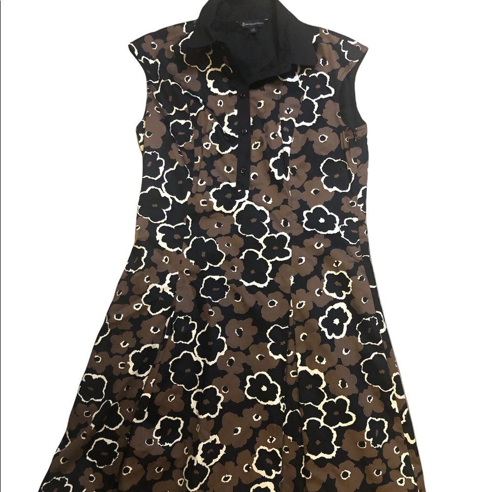 HP Brooks Brothers Brown and Black Floral Collared Sleeveless Midi Dress